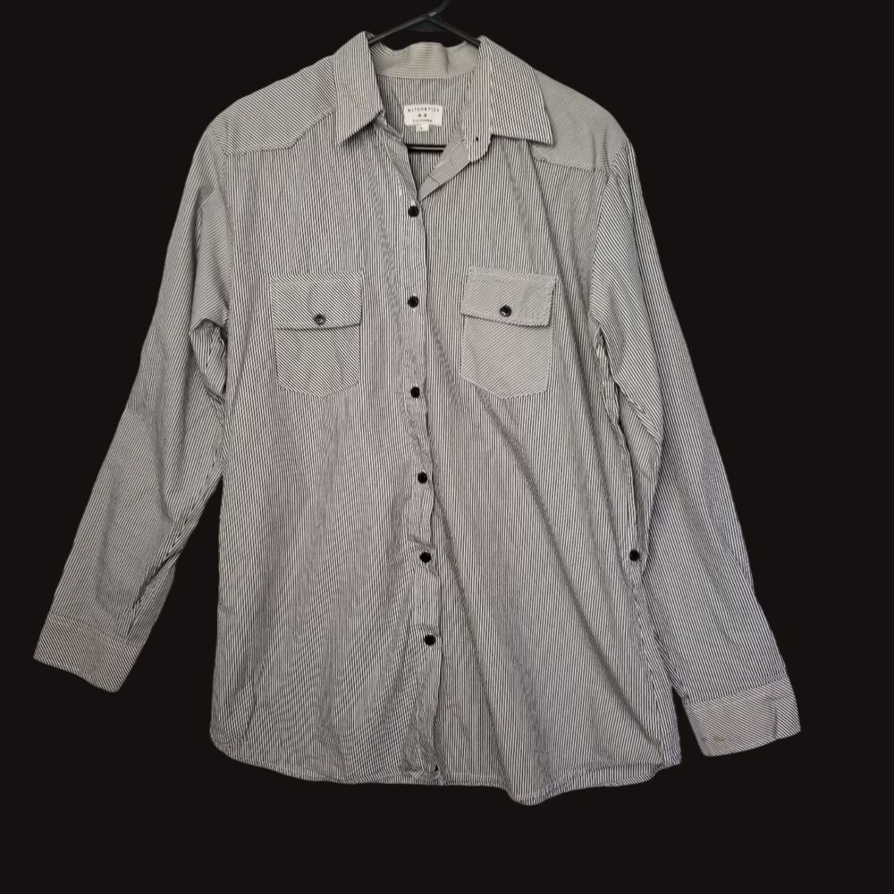 MatchStick Stripe Button Down Blouse Roll Tab Sleeves L